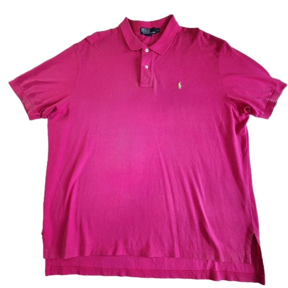 RALPH LAUREN Classic Polo Shirt Mens 2XL‎ Pink Cotton Short Sleeve Yellow Pony